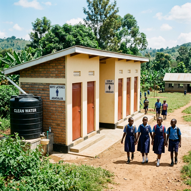 Newly constructed school latrine building with water tanks in rural Uganda